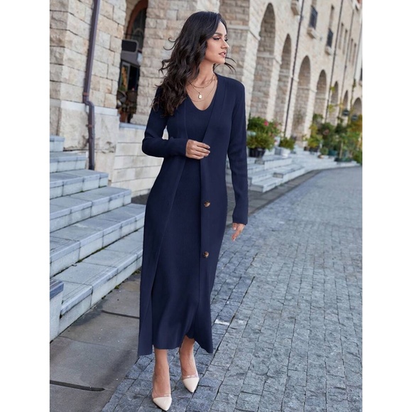 2 Piece Set: Knit Midi Pencil Dress and Long Cardigan Button Through - Picture 5 of 14